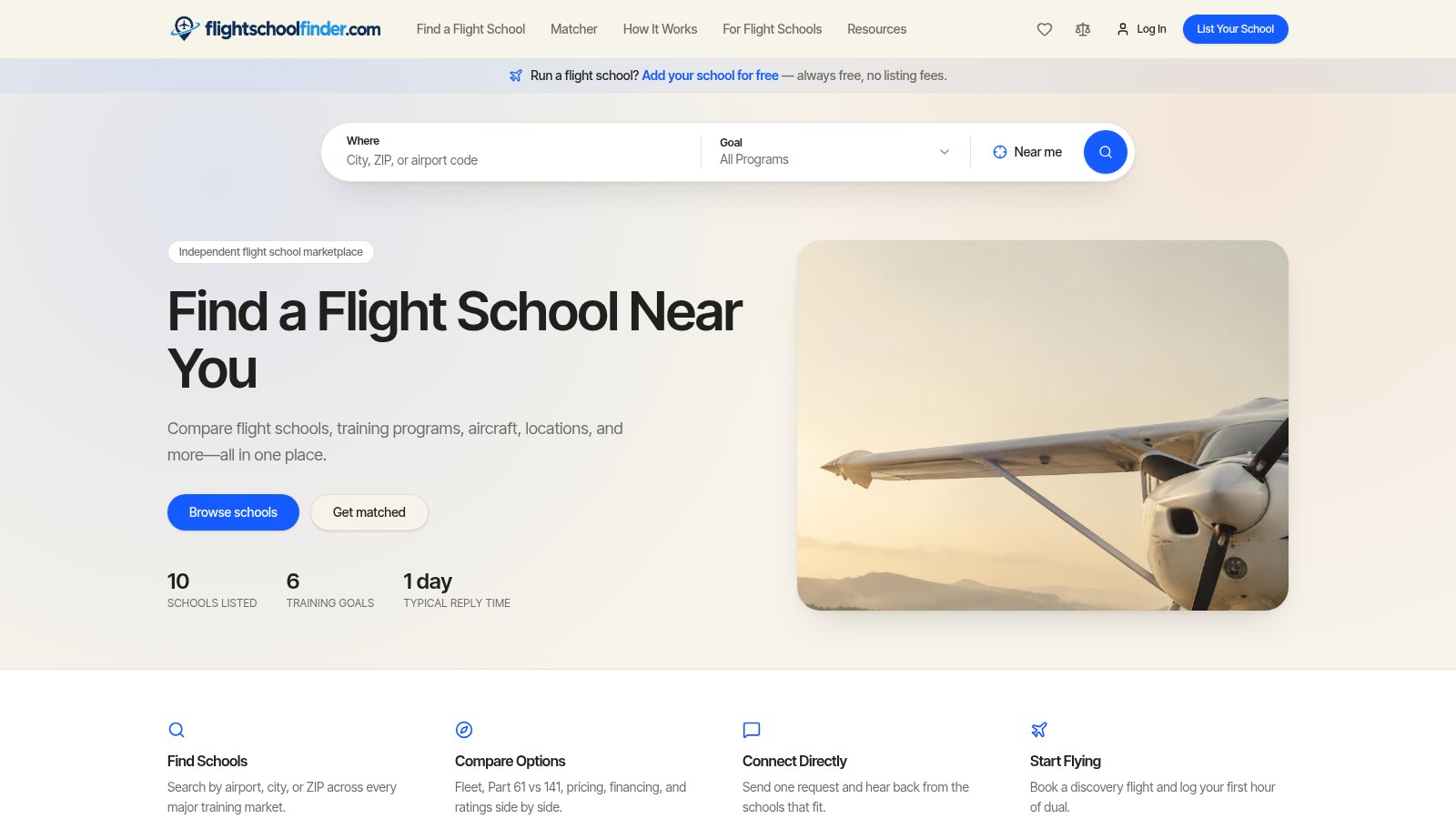 flightschoolfinder.com homepage